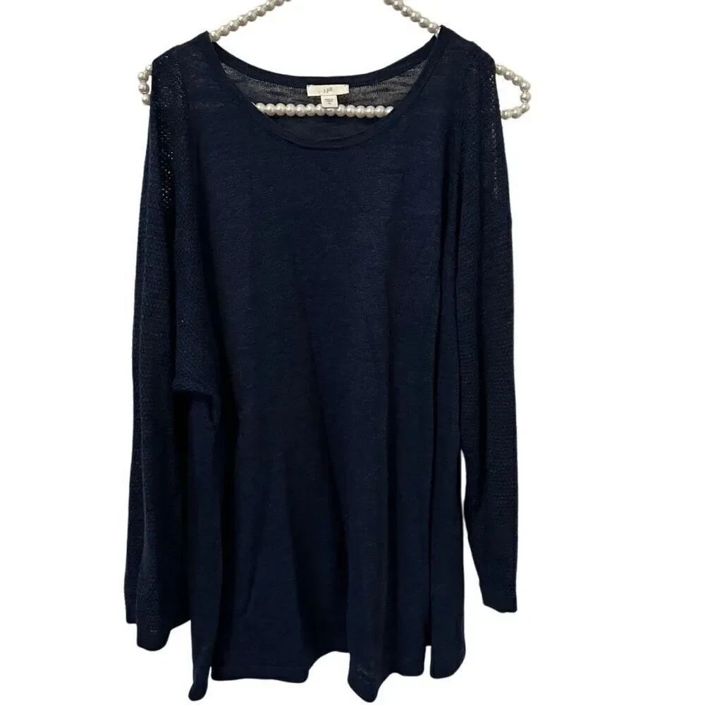 j jill navy blue sweater linen rayon xl 3/4 sleeve cutout sleeve elegant minimal